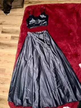 Classic Satin Black A-Line 2p Maxi Skirt and Top Dress